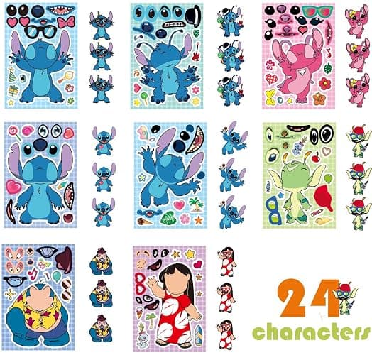 JCQAYB 24pcs Make a face Stitch Stickers for Kids,Mixed & Matched with 8 Characters(3of Each) Stickers, Make Your Own Sticker for Kids Teens Party Decoration, Reward, Decor (24pcs-Stitch) thumbnail 4