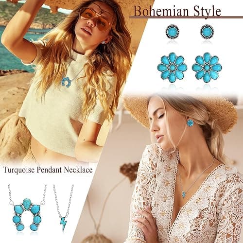 Fansilver Turquoise Jewelry for Women Bohemian Western Jewelry Set Navajo Pearl Necklace Beaded Choker Necklace Turquoise Earrings Bracelet Vintage Knuckle Rings Boho Western Jewelry for Women thumbnail 5