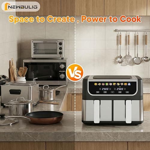 NEWBULIG Dual Air Fryer with 2 Baskets 9.5 QT, 10 in 1 Large Air Fryers with Ceramic Crisper Plate, Match Cook, Sync Finish, Shake Reminder, 80-450°F Wide Temp, Roast, Defrost, Dehydrate, Bake, Black thumbnail 8