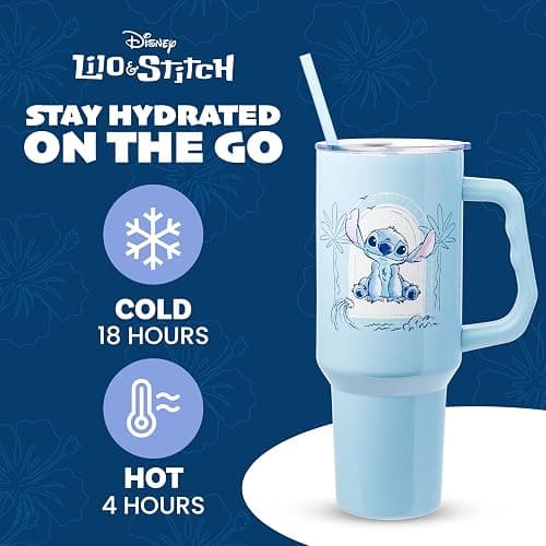 Silver Buffalo Disney Lilo and Stitch, Stainless Steel Tumbler, 40oz | Ocean Design, Tropical, Double Walled, Handle, Straw, Fits in Standard Cup Holder, Minimalistic, 1.18 Liters thumbnail 2