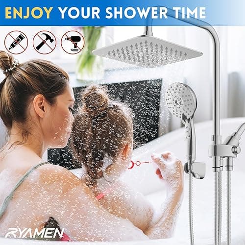 Ryamen Dual Shower Head Combo, 8'' High Pressure Rain/Rainfall Shower Head, 6 Settings Adjustable Handheld Showers, with 15" Height Adjustable Slide Bar, Holder/Hose, Angle Adjustable, Chrome - Bright Silver thumbnail 8
