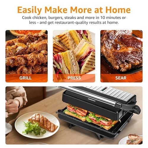 Panini Press Grill, Aigostar 1000W Sandwich Maker with Ceramic Non-stick Plates, Opens 180 Degrees for Any Size Food, 3-in-1 Sandwich Press Electric Grill, Drip Spout & Locking Lid, Sliver thumbnail 6
