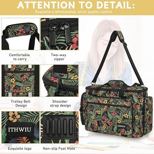 ITHWIU Sewing Machine Case with Wheels, Universal Rolling Trolley Tote with Shoulder Strap & Multiple Storage Pockets Compatible with Most Standard Singer, Brother, Janome, Floral thumbnail 7