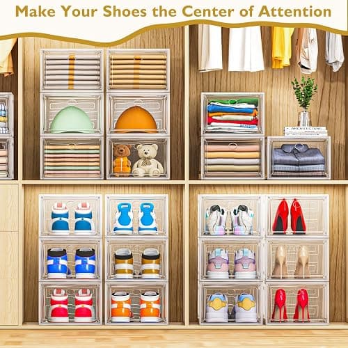 Thicken & Sturdy Clear Shoe Storage Organizer with Magnetic Door, Stackable Boxes for Closet, Foldable Space-Saving Shoe Rack for Sneaker Boot Container, Plastic Shoe Cabinet Shoe Box 6 Pack, White thumbnail 2
