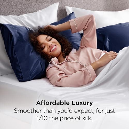 Bedsure Satin Pillowcases, Similar to Silk Pillow Cases Queen Size Set of 2, Pillow Case for Sleeping Women with Envelope Closure, Gifts for Women Men, Navy, 20x30 Inches, 2pcs thumbnail 5