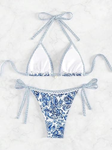 WDIRARA Women's 2 Piece Boho Swimsuits Floral Print Halter String Triangle Bikini Set Beach Bathing Suit thumbnail 2