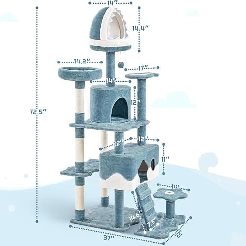 Yaheetech Cat Tree, 72.5inch Ocean-Themed Cat Tower, Multi-Level Large Cat Tree for Indoor Cats with Shark's Mouth Bed & 2 Big Condos & 2 Wide Perches & Funny Toys, Blue & White thumbnail 7