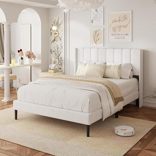 HAOARA Queen Size Velvet Bed Frame with Vertical Chanel Tufted Headboard and Wingback, Upholstered Platform Bed, No Box Spring Needed, Strong Wooden Slats, White thumbnail 3