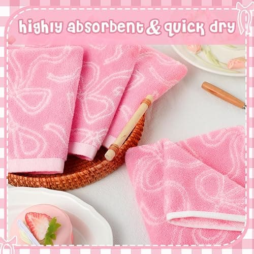 SmoothNovelty 6 Pcs Pink Bow Washcloths 100% Cotton Wash Cloths 13" x 13" Coquette Small Face Towels Absorbent Soft Hand Bath Towels for Bathroom, Spa, Kitchen Drying Cleaning (Classic Style) thumbnail 6