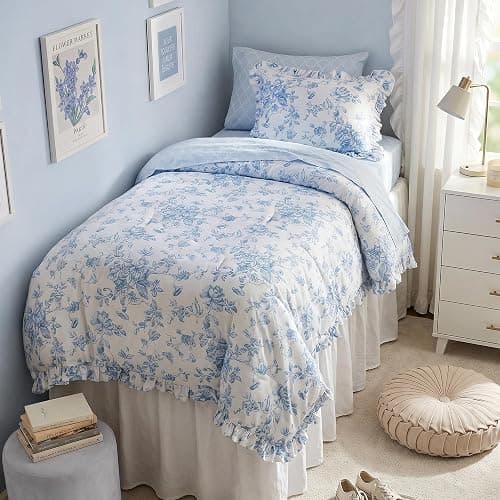 Madison Park Essentials Adele Comforter Set Blue Floral Twin XL – Shabby Chic Vintage Bed in a Bag with Sheet Set, Reversible Ruffle Bedding, College Dorm Gift for Her Women Teen - Image 1
