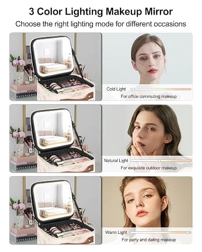 Relavel Travel Makeup Bag With LED Mirror, Portable Cosmetic Organizer Bag with Adjustable Brightness in 3 Color Scenarios, Small Train Case with Detachable Dividers for Trip- Lily Flower thumbnail 3