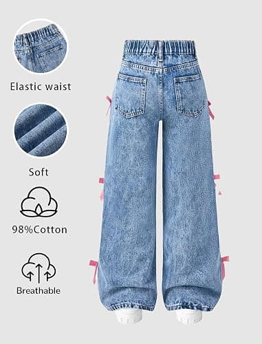 Peakpride Baggy Jeans for Girls Wide Leg High Elastic Waisted Cute Bow Denim Y2k Pant Trendy Boyfriend Skater Streetwear thumbnail 6