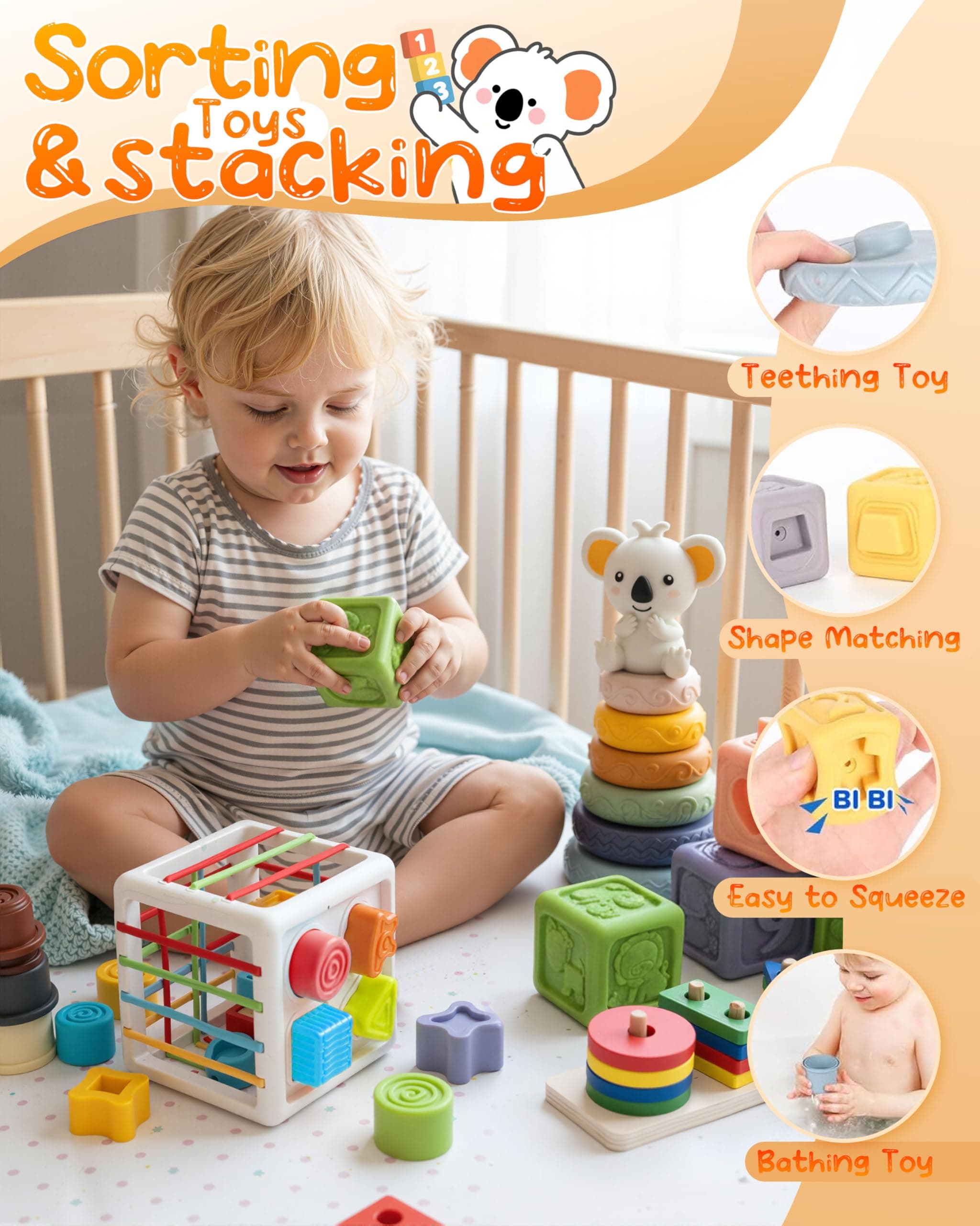 6in1 Montessori Toys for Babies - Stacking Blocks Rings Sensory Bin Toy with Cups & Shape Sorting for 6-12-18 Months, Educational Newborn Baby Development Toys Gift Infant Toddlers 1-3 Years Old thumbnail 4
