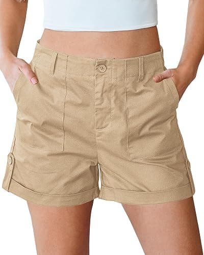 luvamia Shorts for Women High Waisted Dressy Casual Summer Elastic Waist Comfy Rolled Hem Stretch Twill Pocket Shorts - Image 1