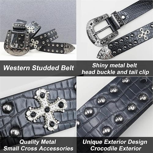 EVERBLTING Black Western Cowboy Belt for Men Women Western Cowboy Cowgirl Y2k Studded Belt Western Punk Studded Belts thumbnail 3