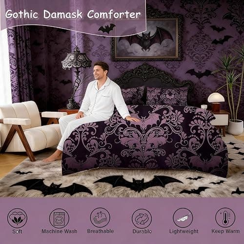 Erosebridal Gothic Damask Bed in a Bag Queen Comforter Set 7 Piece,Halloween Bat Bedding Sets Purple Victorian Floral Goth Sheet Set with Comforter thumbnail 6