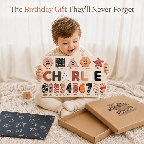 Zuzu Wooden Personalized Letter, Number and Shape Puzzle - 12 Options | First Birthday Gift for Toddlers Boys and Girls | Heirloom Keepsake thumbnail 2