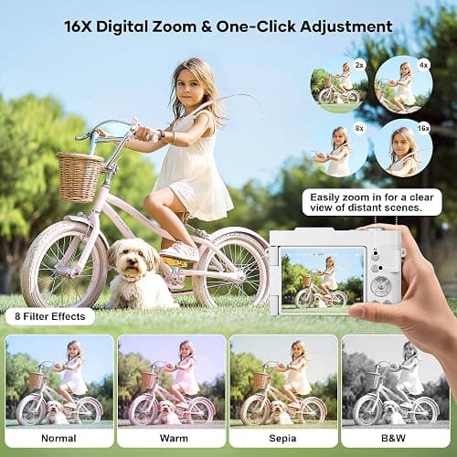 4K Digital Camera for Photography, Small Vlogging Camera with Flip Screen for YouTube, 50MP 16X Zoom, Portable Travel Cameras with 32GB SD Card for Beginners(White) thumbnail 4