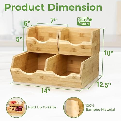 HOMESTEAD Bamboo Pantry Storage Bins – Potato & Onion Storage Bin for Pantry Organizers, Produce Organizer Set of 3 – Slide out Bin Access thumbnail 3