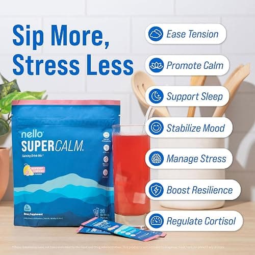 Nello Supercalm Powdered Drink Mix, Cortisol Reducer and Sleep Aid Supplement, L Theanine, Ksm-66 Ashwagandha, Magnesium Glycinate, Vitamin D 3, No Sugar, Non GMO, On The Go, 20 Ct, Raspberry Lemonade thumbnail 3