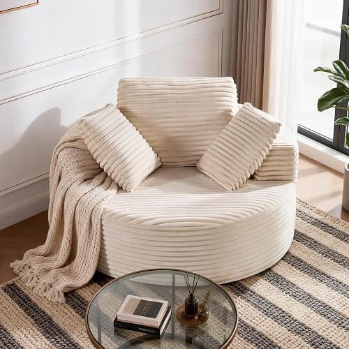 Sonovafurn 55 Inch Oversized Round Chair Lounge Chaise Indoor, Modern Corduroy Upholstered Indoor Sofa,for Living Room, Bedroom Apartment (Beige) thumbnail 3