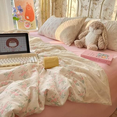 mixinni Vintage Floral Duvet Cover Set - 3 Piece King Size Pink Cottagecore Bedding with Lace Trim, Shabby Chic Bedding Set, Includes 1 Duvet Cover & 2 Pillowcases, Boho Aesthetic for Girls & Dorms thumbnail 7