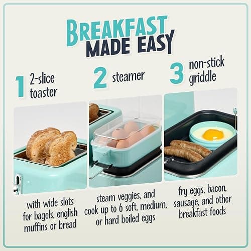 Nostalgia Classic Retro 3-in-1 Breakfast Station - Includes Egg and Veggie Steamer, Non-Stick Griddle, and Wide 2-Slot Toaster - Versatile Breakfast Maker Cooking Station with Toasting Control thumbnail 4