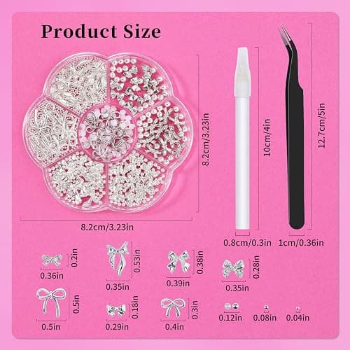 3D Metal Alloy Nail Bows Kit - Silver & Gold Bowknot Charms with 1-3mm Mini Caviar Beads, Tweezers, Pickup Pencil, Cute Nail Charms and Gems Jewelry in Petal-Shaped Box (Silver-kit-1) thumbnail 3