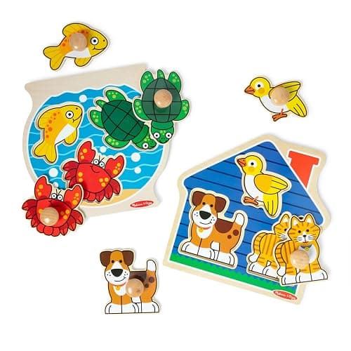 Melissa & Doug Wooden Jumbo Peg Puzzle 2-Pack – Fish Bowl, House Pets, 3-Piece for Toddlers Boys and Girls, Ages 1+ Years - Image 1