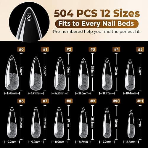 UNA GELLA Long Stiletto Gel Nail Tips 504PCS, Full Cover Pre-Etched | Long Almond Nails Tips, Sturdy Clear Stiletto Press on Nails, No C Curve Soft Gel Tip for DIY Nail Extension 12 Sizes thumbnail 8