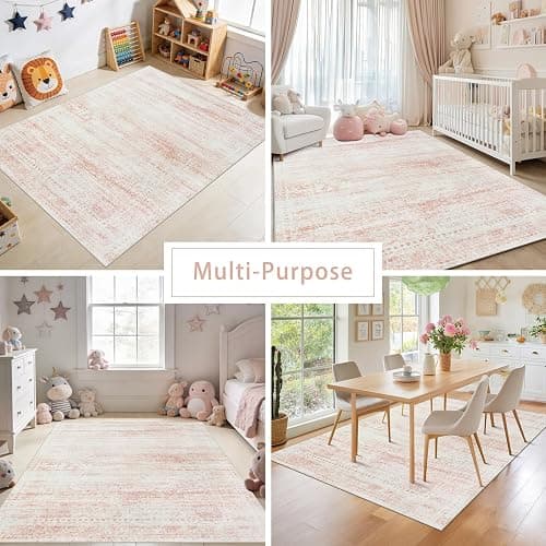 Srugn Washable Rugs 5x7 Area Rugs for Living Room,Bedroom,Dining Room- Ultra Soft Faux Wool Nursery Rug for Baby Girl,Neutral Light Pink Low Pile Vintage Carpets for Dorm Kids Playroom,Non Slip thumbnail 5