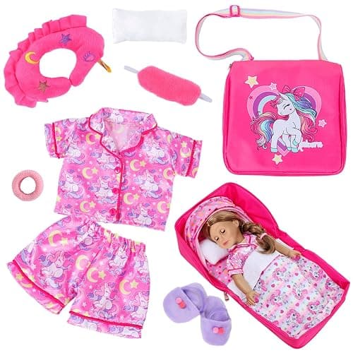 American Doll Travel Case Shoulder Bag for 18 Inch Dolls Accessories Set - Portable Bassinet with Pajamas & Rainbow Pony Handbag for Girl - Pillow Eye Mask Playset (Dolls Not Included) thumbnail 4