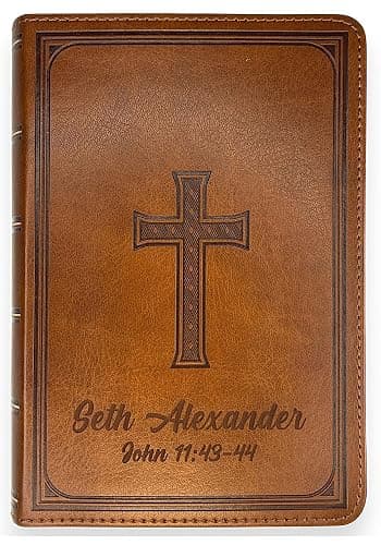 Personalized Compact Large Print Bible KJV Faux Leather Holy Bible Custom Name 3 Rows Of Text & Red-Highlighted Verses, Personal Gift for Christian & Religious Celebrations | Brown - Image 1
