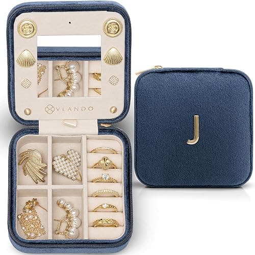 Vlando Birthday Gifts for Women Friendship, Personalized Initial Jewelry Box, Friendship Gifts for Women Friends, Travel Essentials Small Jewelry Box, Travel Box for Girls - Letter J, Dark Blue - Image 1