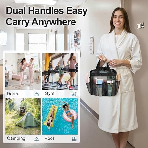 F-color Mesh Shower Caddy Portable with Drawstring, S Hook - 8 Deeper Pockets 2 Handles College Dorm Room Essentials for Girls Guys, Shower Bag Hanging for Camping Gym Travel Toiletry Bathroom, Black thumbnail 7