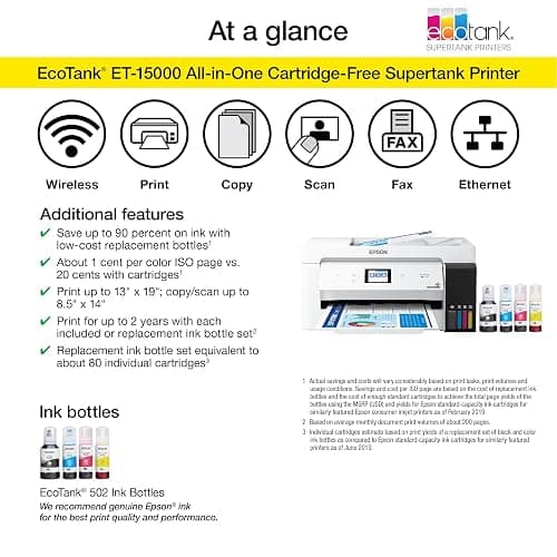 Epson EcoTank ET-15000 Wireless Color All-in-One Supertank Printer with Scanner, Copier, Fax, Ethernet and Printing up to 13 x 19 Inches, White thumbnail 4