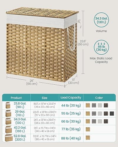 SONGMICS Laundry Hamper with Lid, 130L Clothes Hamper with 2 Removable Liner Bags, 6 Mesh Bags, Wicker Laundry Basket, Double Laundry Hamper for Bathroom, 13 x 26 x 23.6 Inches, Natural ULCB253N01 thumbnail 3