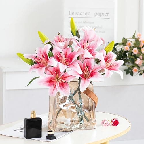 HNVNER 6 Bündel Kunstblumen Lilien, 3D-künstliche Lilien Blumen Rosa | 12 Blüten & 6 Knospen, rahtstiele biegbar, pollenfrei wasserdicht pflegeleicht lilien künstlich,für Hochzeit Home & Büro Deko thumbnail 8