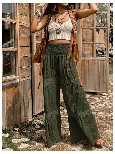 WDIRARA Women's Smocked Wide Leg Boho Pants | Tiered, Textured, High Waisted, Bohemia thumbnail 4