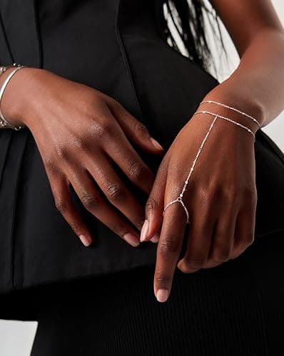 Moodear Sterling Silver Dainty Ring Bracelet Hand Chain for Women - 14K Gold Plated/Sterling Silver Layered Adjustable Satellite Bead Paperclip Dot CZ Link Hand Chain Bracelets Non Tarnish Trendy Jewelry Gift thumbnail 3
