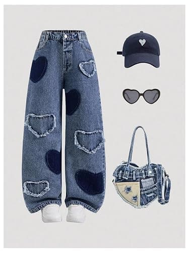 Floerns Girl's Y2k Wide Straight Leg Jeans Elastic Waist Heart Streetwear Baggy Denim Pants thumbnail 3