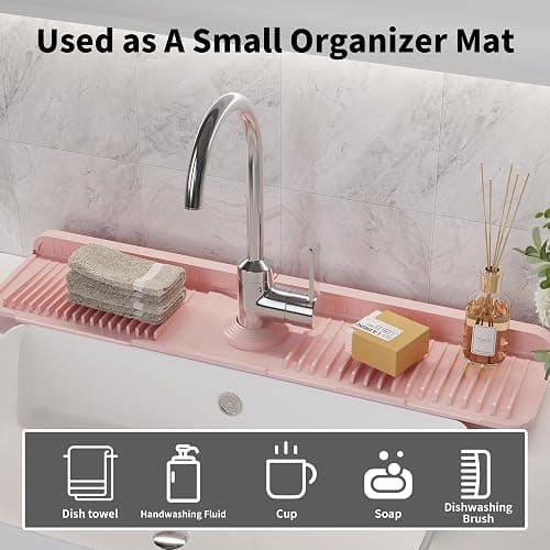 WAFT YEARN 24X5 Inch Silicone Durable Faucet Mat Kitchen Sink Splash Guard Draining Protector Tray Liner Absorbent Protective Counter Accessories For Sink Kitchen Bathroom Laundry Room Bar & RV Pink thumbnail 5