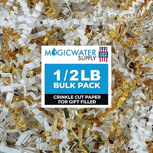 MagicWater Supply - 1/2 LB - White & Gold - Crinkle Cut Paper Shred Filler great for Gift Wrapping, Basket Filling, Birthdays, Weddings, Anniversaries - Image 1
