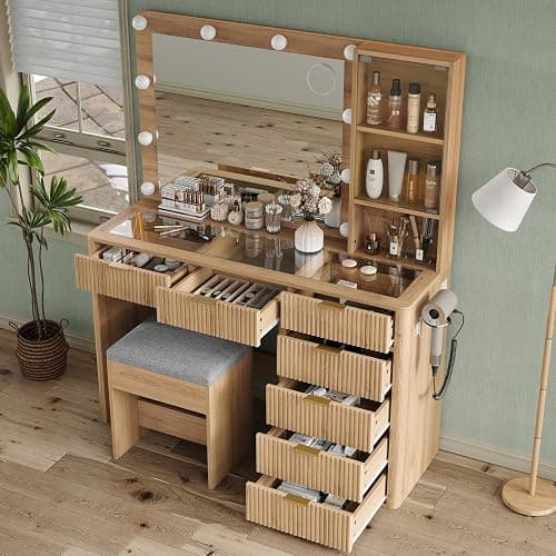 Yanosaku 47" Fluted Vanity Desk with Mirror & LED Lights, 7-Drawer Makeup Vanity with Glass Top & Cabinet, Vanity with Chair & Charging Station, 3 Lighting Modes, for Bedroom, Natural Oak thumbnail 3
