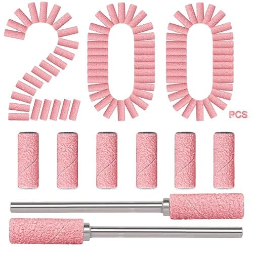 200pcs 180 Grit Small Sanding Bands for Nail Drill with 2pcs 3/32’’ Upgrade Mandrels Bits, Mini Sanding Bands for Nail Drill for Manicure Nail Salon and Nail Enthusiasts Use, Pink - Image 1