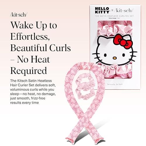 Hello Kitty x Kitsch Satin Heatless Hair Curler Set - Heatless Curls Overnight, Hair Rollers for Soft Curls & Frizz-Free Styling, No Heat Curlers To Sleep in, Curling Rod Headband - Pink Kitty Faces thumbnail 2