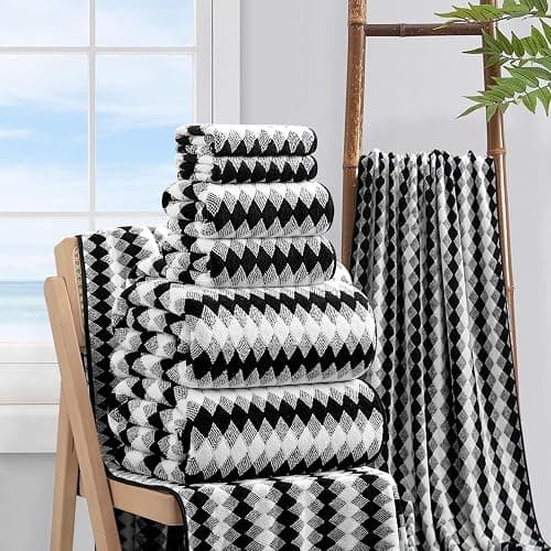 8 Piece Bathroom Towel Set Black White|2 Oversized Large Bath Towels Sheet,2 Hand Towels,4 Washcloths| 600GSM Soft Towel Set for Bathroom Hotel,Highly Absorbent Quick Dry Bath Towel Collections thumbnail 6