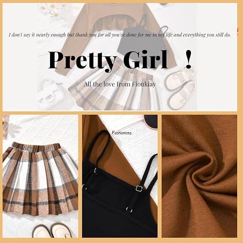 fioukiay Girls 3 Piece Outfit Skirt Sets Long Sleeve Sweatshirt and Plaid Pleated Skirt with Camisole Clothes Set thumbnail 5