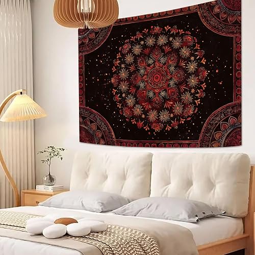 Accnicc Boho Mandala Tapestry Wall Hanging Hippie Bohemian Floral Flower Medallion Tapestry Aesthetic Small Vintage Black Red Indian Tapestries for Bedroom Living Room Dorm Decor 48 x 36 Inch thumbnail 3