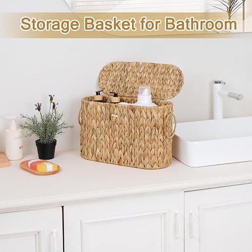 efluky Toilet Paper Storage Basket, Water Hyacinth Slim Toilet Paper Holder with Lid- Holds Up to 9 Mega Rolls, Home Bathroom Decor Organizer thumbnail 2